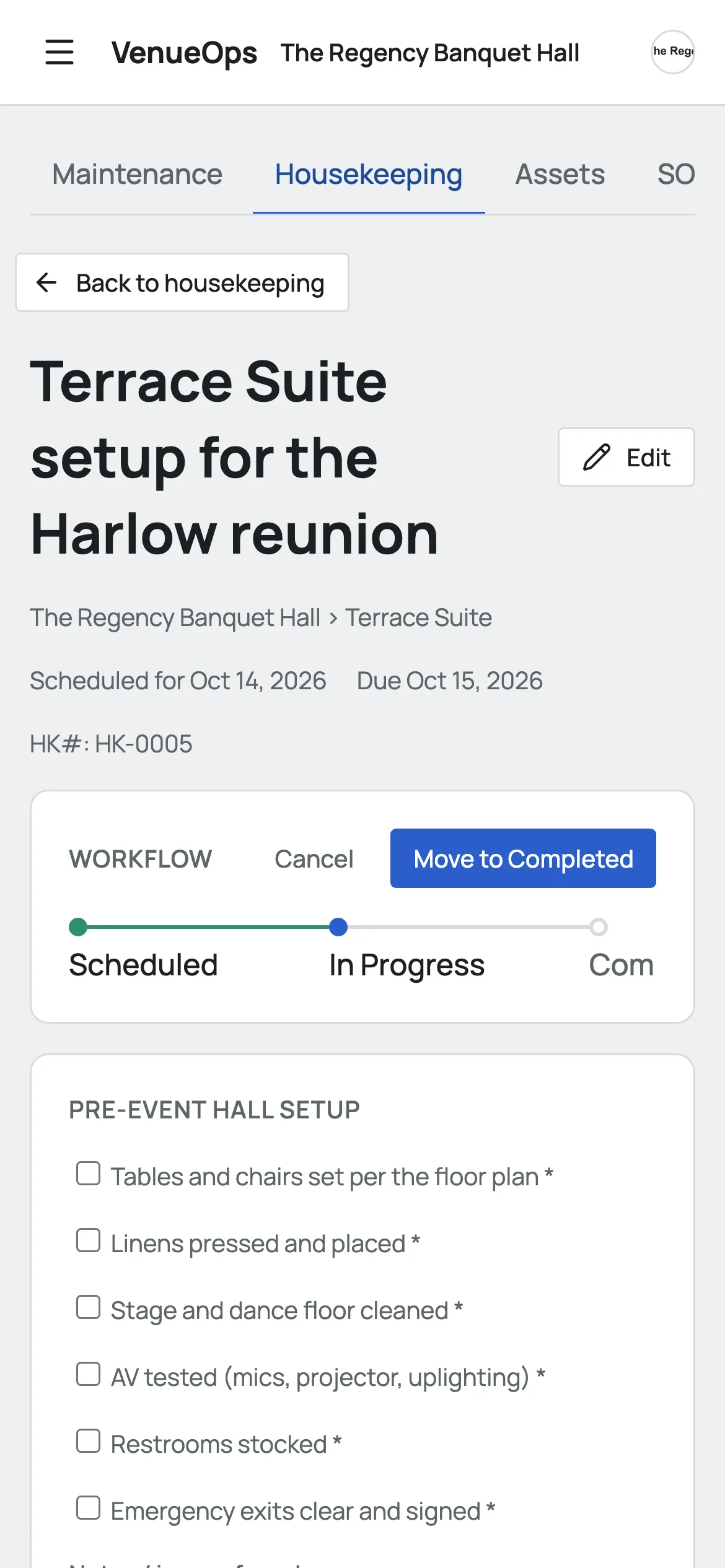A pre-event hall setup checklist open on a phone in Slateo VenueOps, half done.