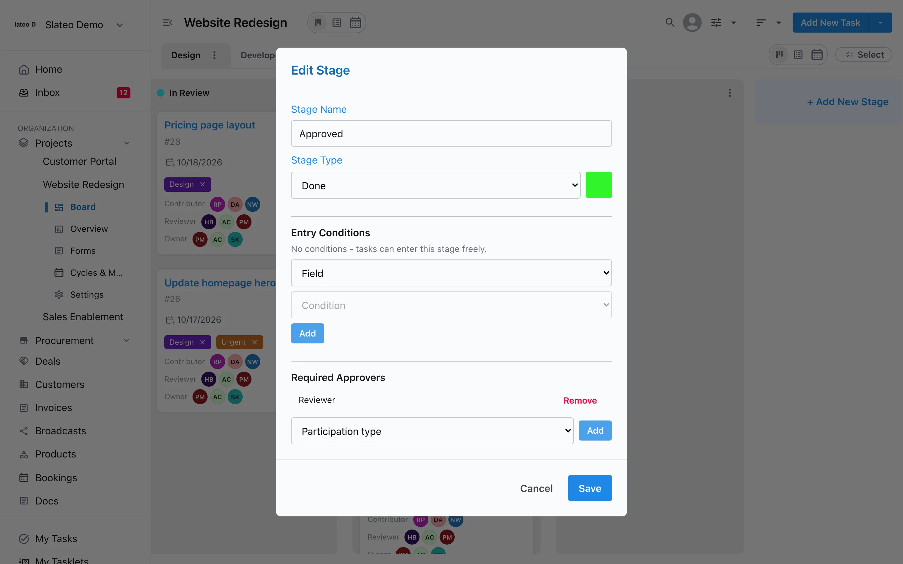 Stage settings in Slateo: the Approved stage needs a Reviewer's sign-off.