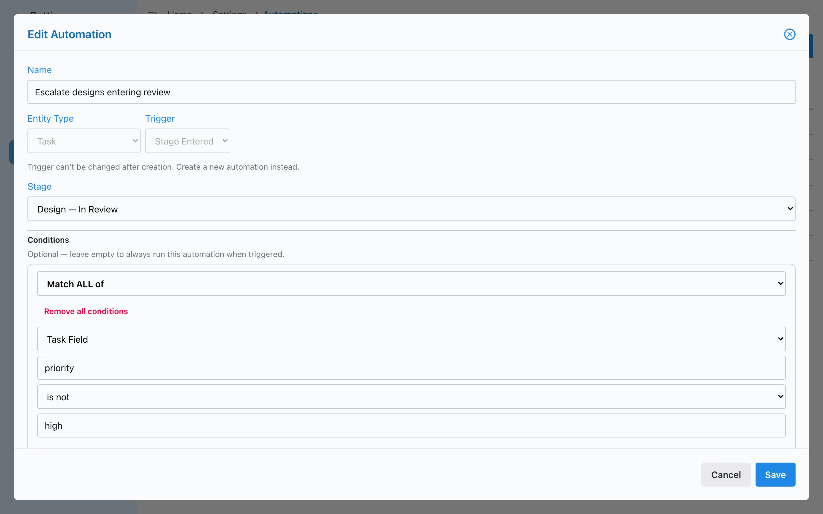 An automation in Slateo: when a design task enters In Review and its priority isn't high, assign it to the project manager and raise the priority.