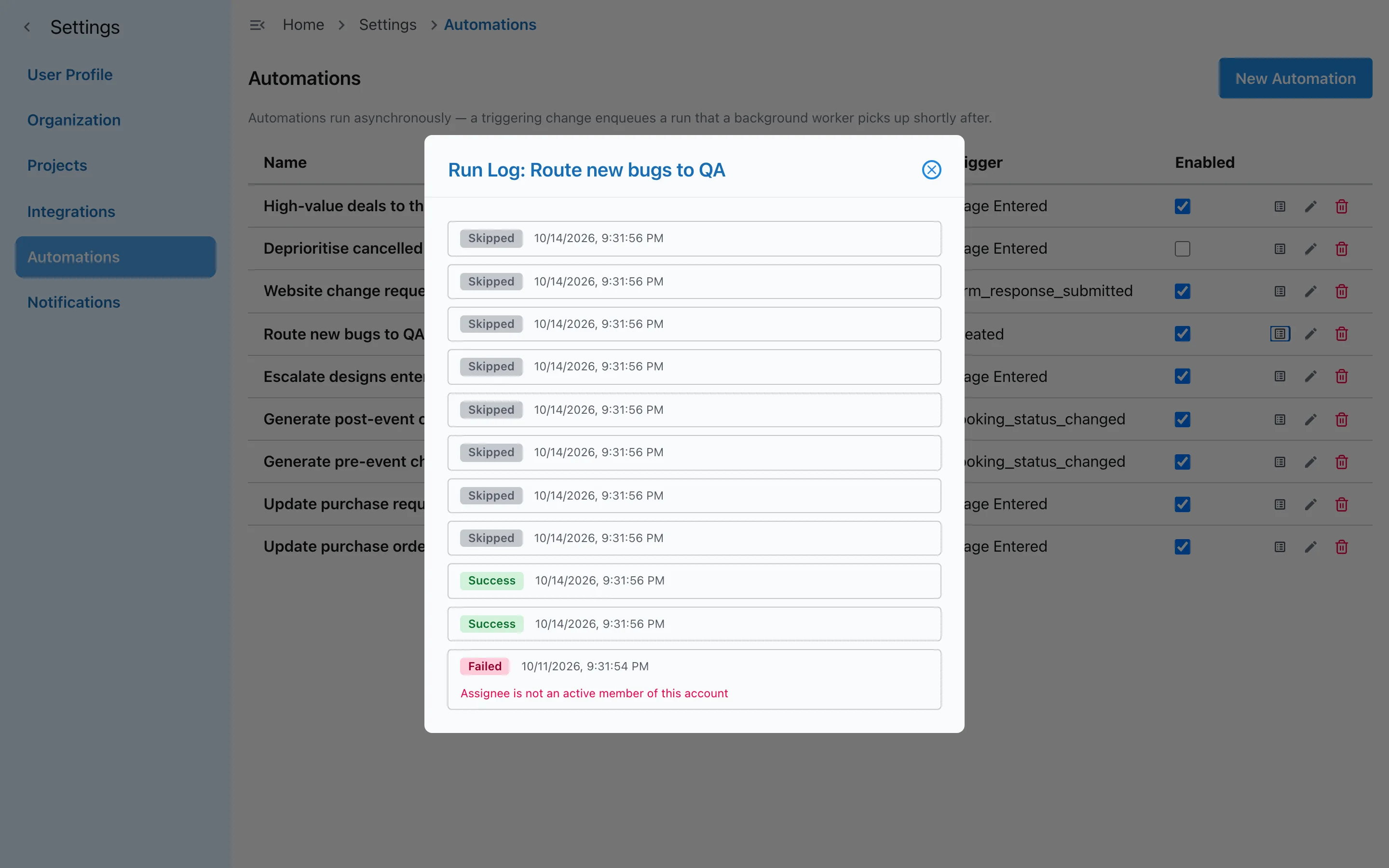 Run log for an automation in Slateo, with successful and skipped runs and one failure explaining that the assignee isn't an active member.