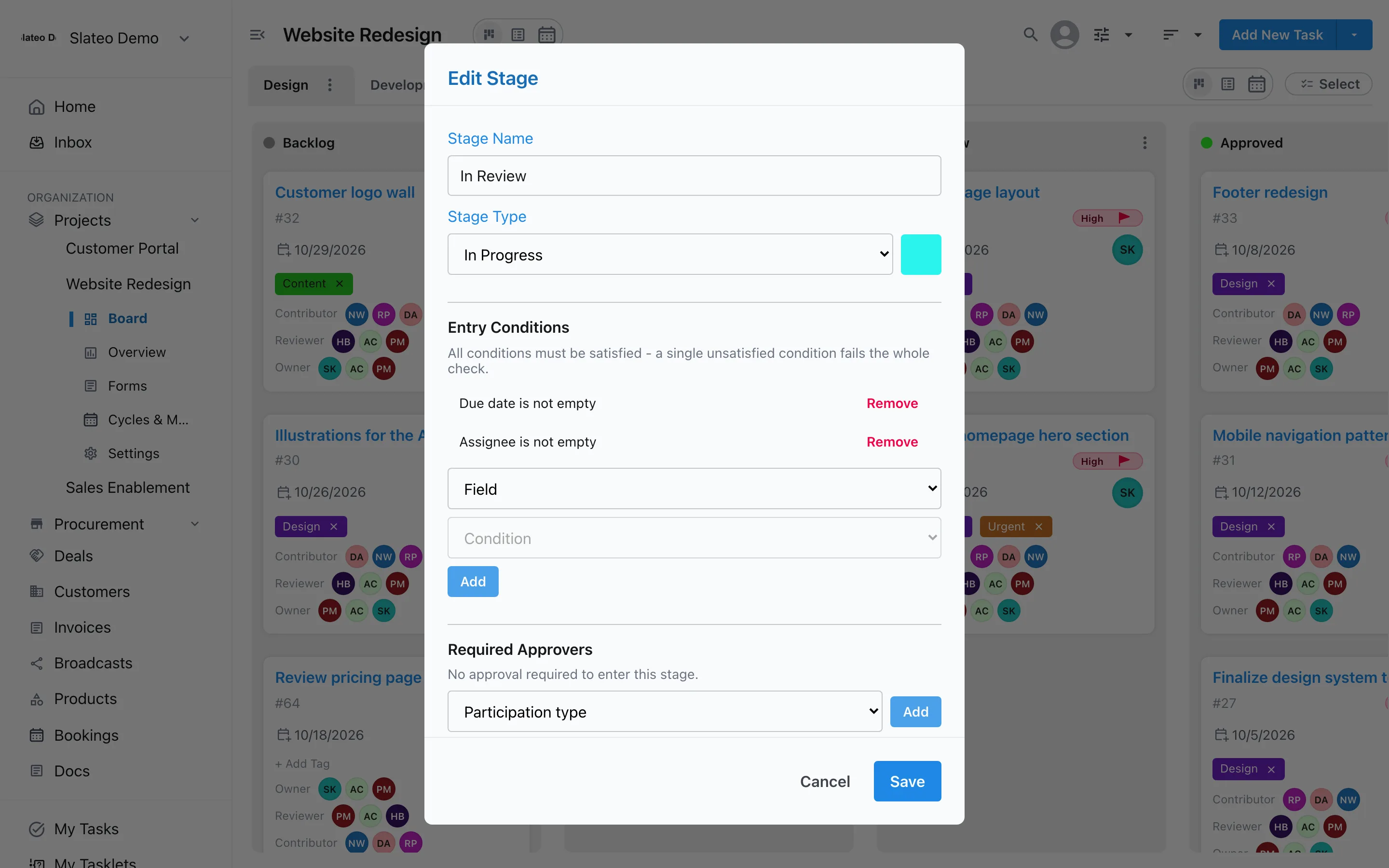 Editing the In Review stage in Slateo: its type and two entry conditions, a due date and an assignee.