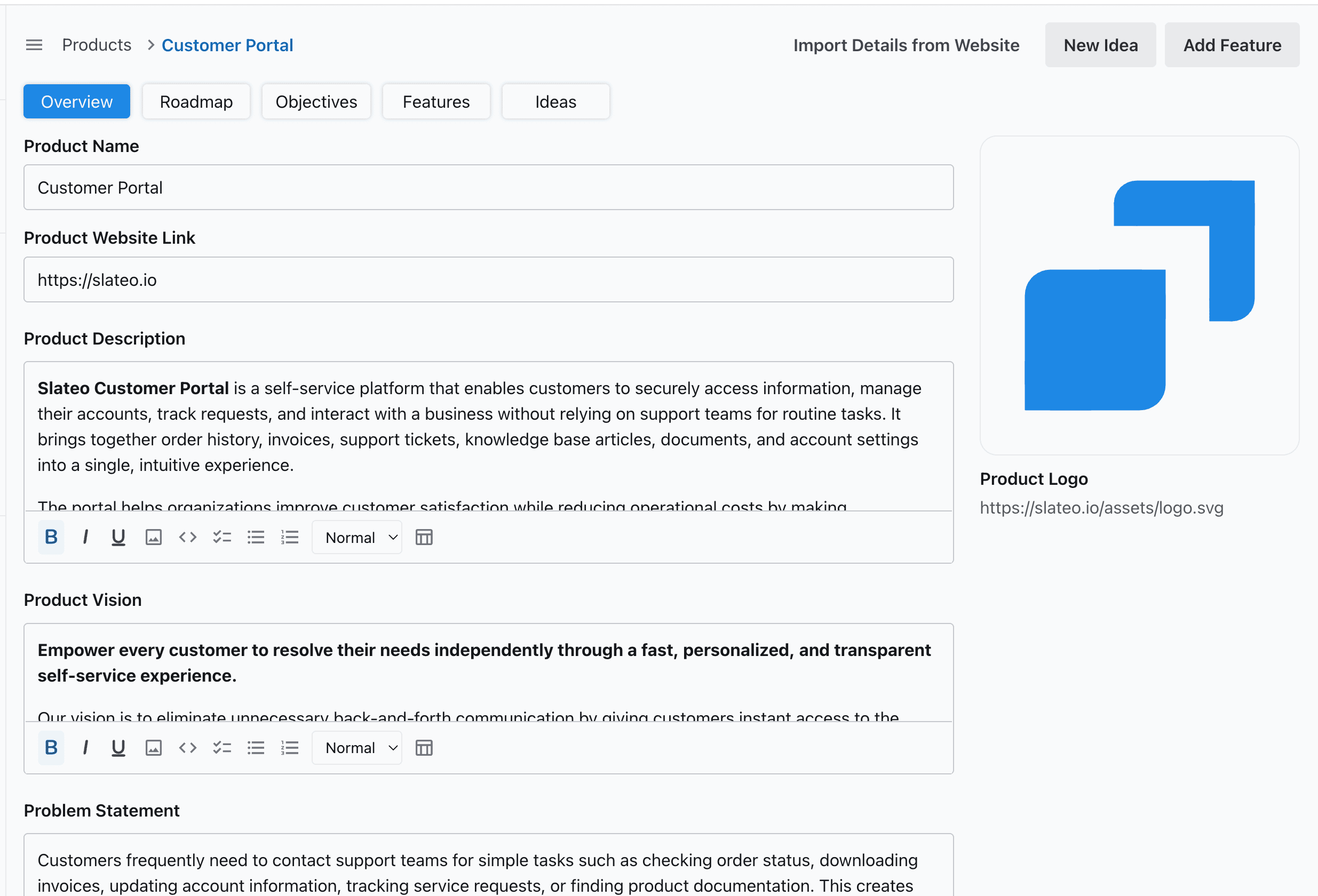 Product roadmap timeline in Slateo