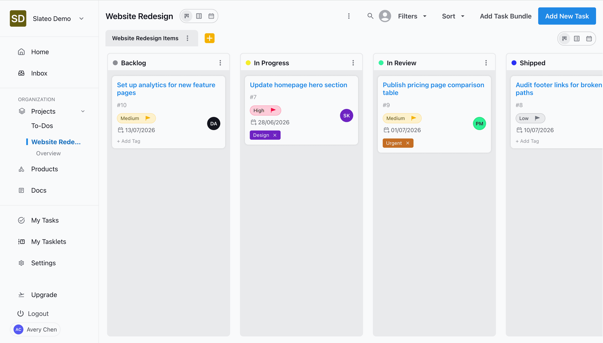Kanban, List, and Calendar views in Slateo