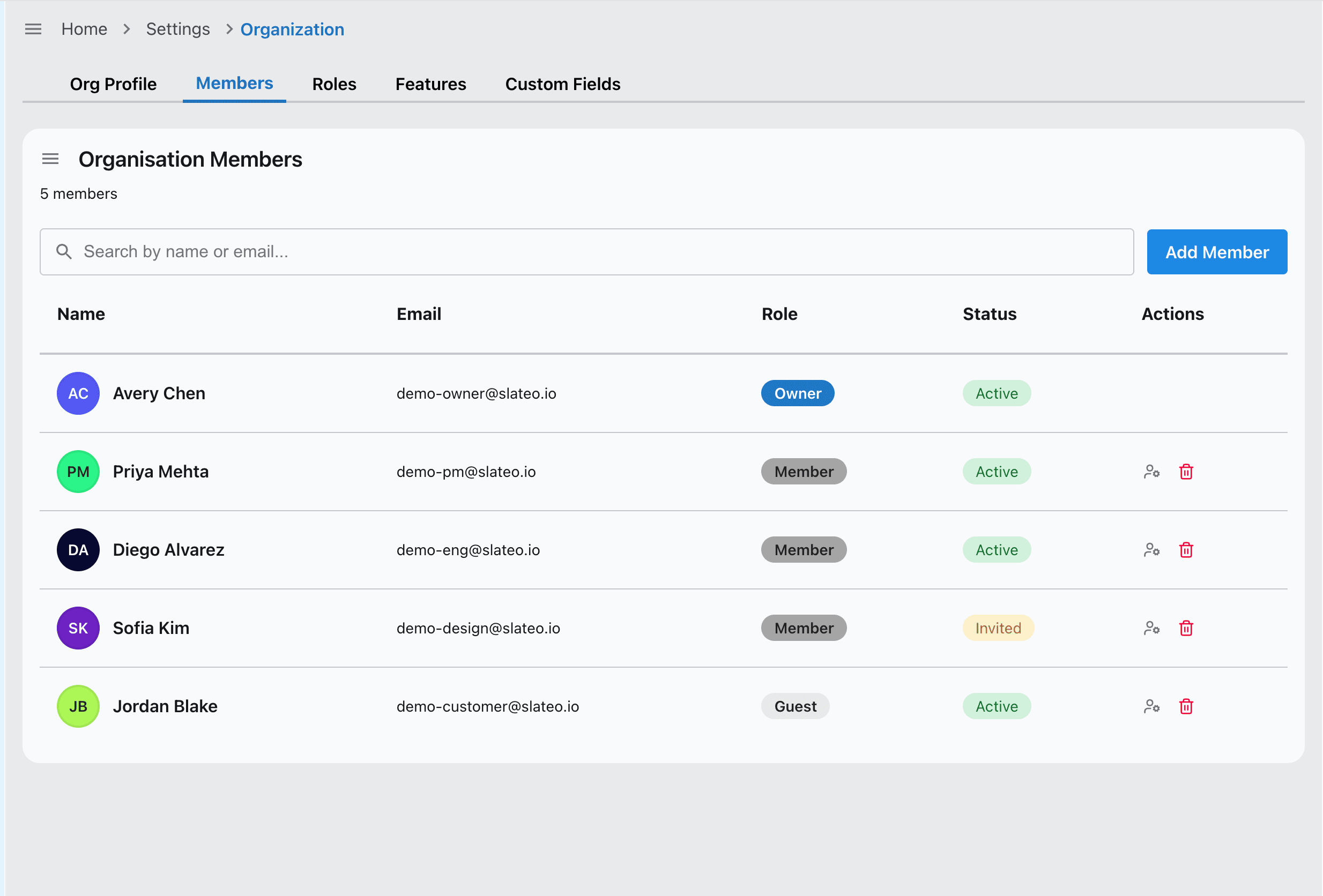 Team management in Slateo